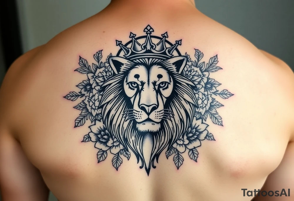powerful majestic lion with a crown, surrounded by floral ornaments and moon tattoo idea