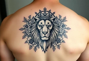 powerful majestic lion with a crown, surrounded by floral ornaments and moon tattoo idea