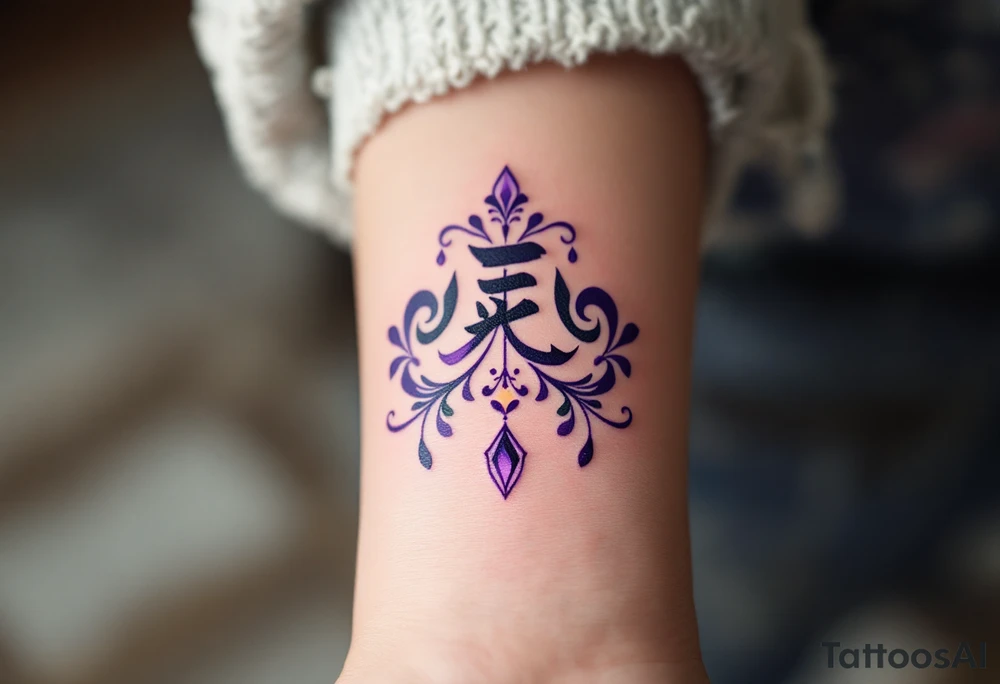 真 (zhēn, “truth”) in royal purple with a mirror motif suggests self-reflection and authenticity. tattoo idea