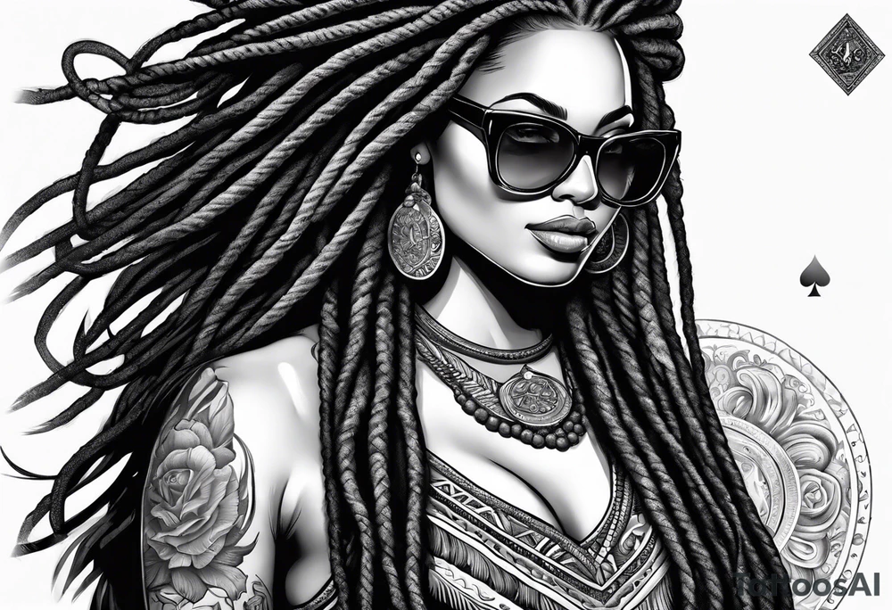 woamn with dread locks and un glasses playing poker tattoo idea