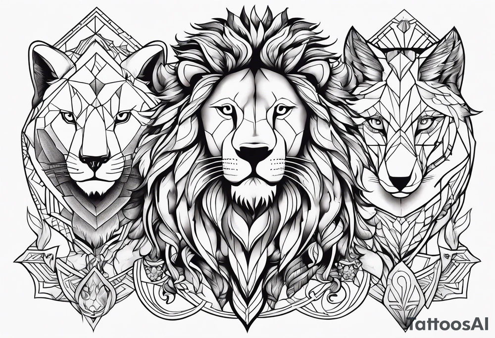 Lion,wolf,lady and phoenix tattoo idea