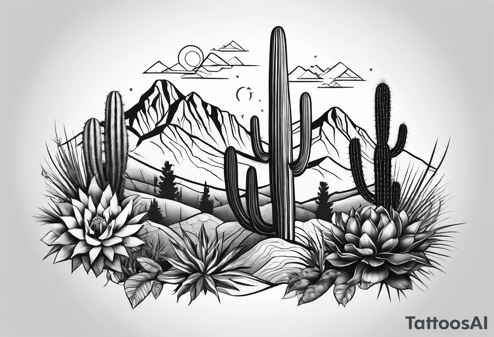 Mountains,  cactus,  forearm tattoo idea