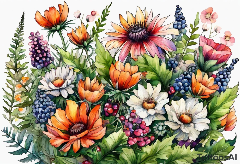 wildflowers with thistles, ferns, white flowers, cream flowers, sun flowers, orange flowers, green flowers, pink flowers, red flowers, berries and all in watercolor tattoo idea