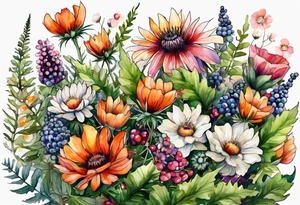 wildflowers with thistles, ferns, white flowers, cream flowers, sun flowers, orange flowers, green flowers, pink flowers, red flowers, berries and all in watercolor tattoo idea