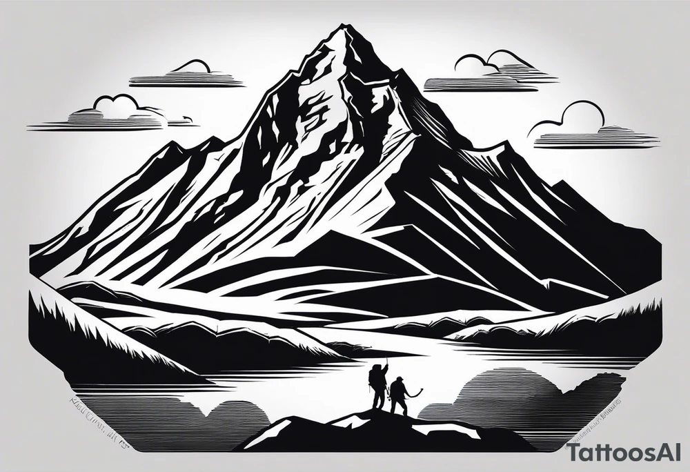 I would like a tattoo inspired by Jon Krakauer’s “Into Thin Air” that symbolizes perseverance and overcoming difficult challenges.

Elements to Include:

	1.	Mount Everest - A detailed depiction of the mountain, focusing on its iconic peak. This will represent the ultimate challenge and the setting of the book.
	2.	Climber Silhouette - A small, determined climber making their way up the mountain, symbolizing perseverance and the human spirit’s resilience.
	3.	Quotes from the Book - Integrate a quote that embodies the theme of perseverance. Consider:
	•	“Getting to the top is optional. Getting down is mandatory.”
	•	“Because it is there.”
	4.	Weather Elements - Include storm clouds, snow, and wind to represent the harsh conditions and struggles faced.
	5.	Compass or Altimeter - To signify direction and the elevation achieved through perseverance.

Design Style:

	•	I envision a realistic yet slightly abstract style, with strong lines and shading to convey the intensity of the journey.
	•	The tattoo can be either black and grey or include subtle blue tones to evoke the cold, harsh environment of Everest. tattoo idea