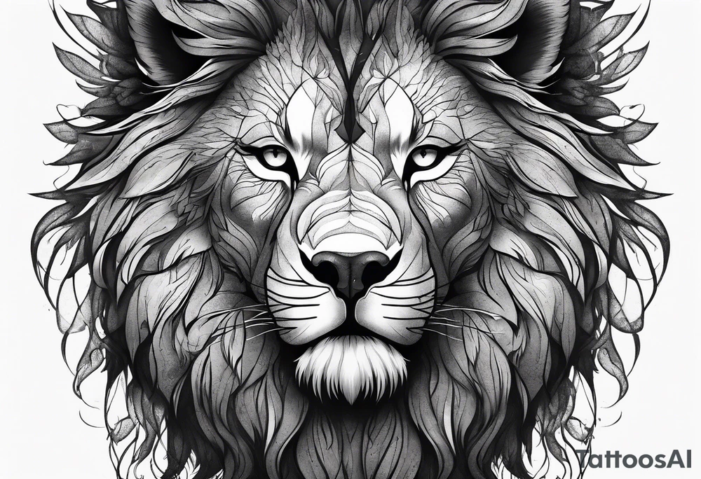 a face of a fearless lion combined whit a fearless wolf in the wood tattoo idea