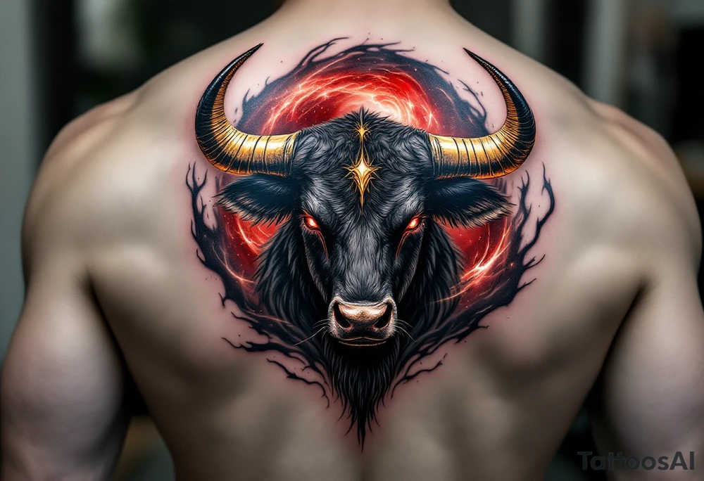 ChatGPT řekl:
A majestic Taurus tattoo featuring a powerful black bull with glowing golden horns, crimson eyes, and a deep red nebula swirling behind it, symbolizing strength, determination, and fiery passion. tattoo idea