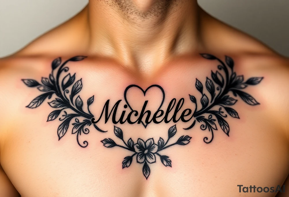 Design a tattoo for a man’s chest of a woman’s name (Michelle). Incorporate a subtle Irish Claddagh. Have the name Michelle separate to the heart. Make the tattoo tasteful and elegant. Incorporate Irish wildflowers tattoo idea