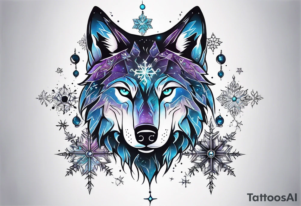 Constellation, two animal alien wolf, snowflake tattoo idea