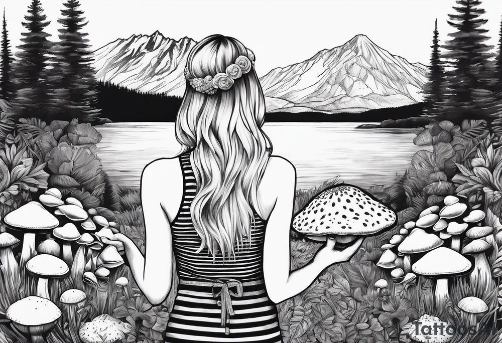Straight blonde hair girl holding mushrooms in hand facing away toward mountains surrounded by mushrooms circular design black and white striped dress tattoo idea