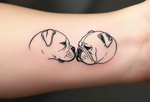 a golden retriever dog and an English bulldog, lying on their sides, head to head, foreheads touching, the golden retriever's head is larger than bulldog's tattoo idea