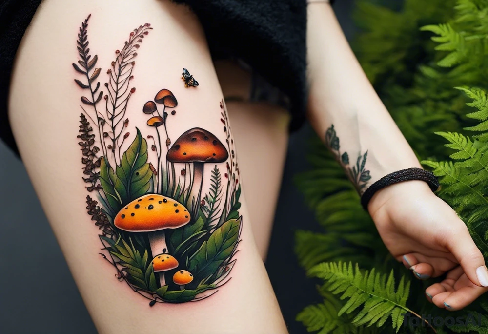 minimalistic forest floor inspired tattoo, which includes grass, moss, curly ferns and dead leaves as the bulk of the tattoo. details to include: forest berries, couple of very small brown mushrooms, a tiny bumblebee flying nearby tattoo idea