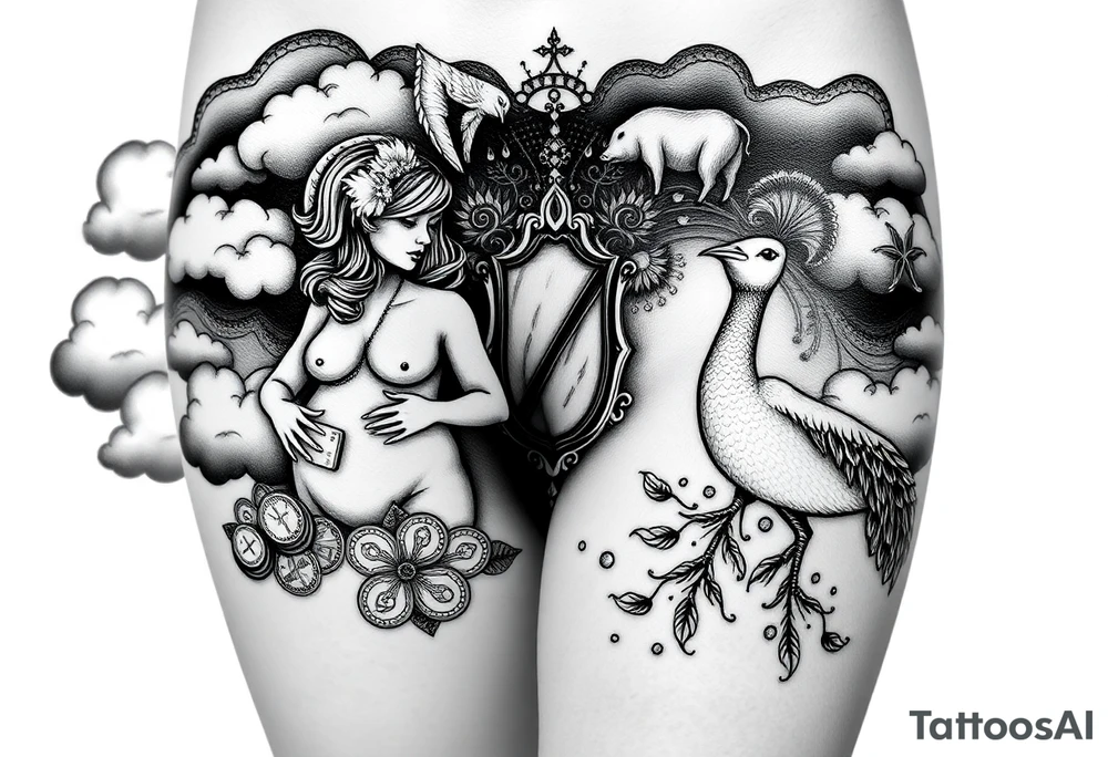 Storm clouds with a fat naked woman and drugs and money  and coinsand mirror and sexy naked couple lustful having sex with pig and peacock tattoo idea