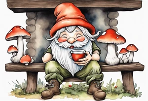 a mushroom gnome
wearing a mushroom hat sitting on a bench by a fireplace drinking from a wood cup, laughing tattoo idea