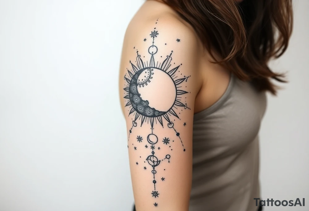 celestial sun and moon embrace with constellation patterns tattoo idea