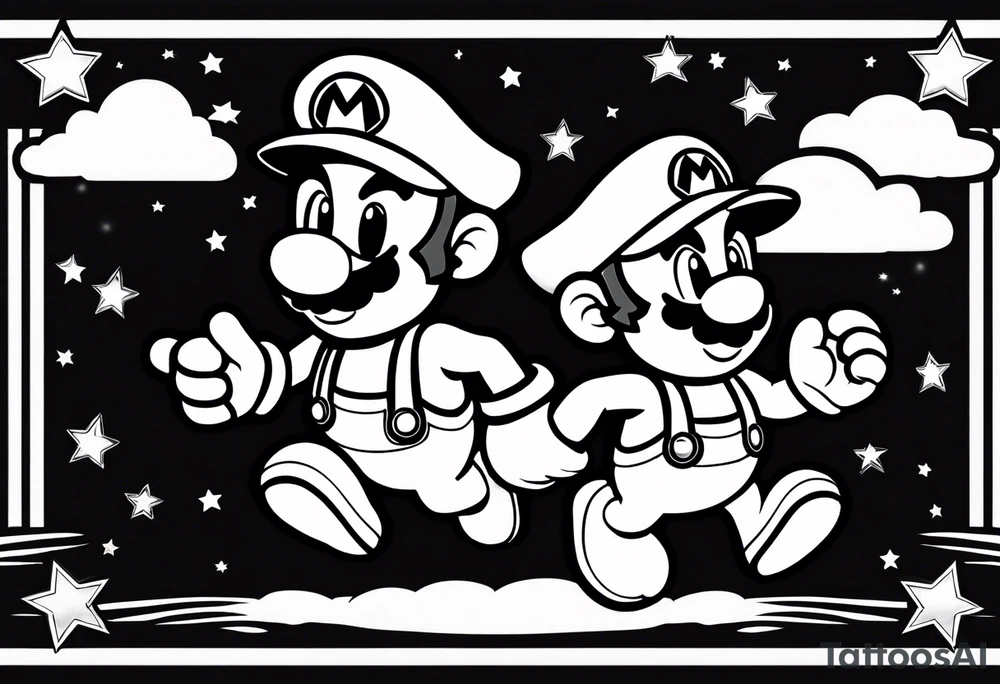 Baby mario and donkey kong jumping for a mario star. Baby Mario's hat says Kade. Donkey Kong's tie says Kyle tattoo idea