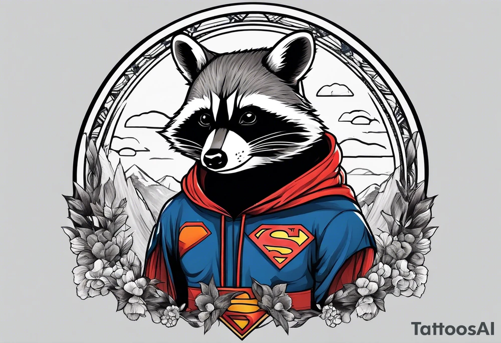 raccoon wearing a Superman hoodie tattoo idea