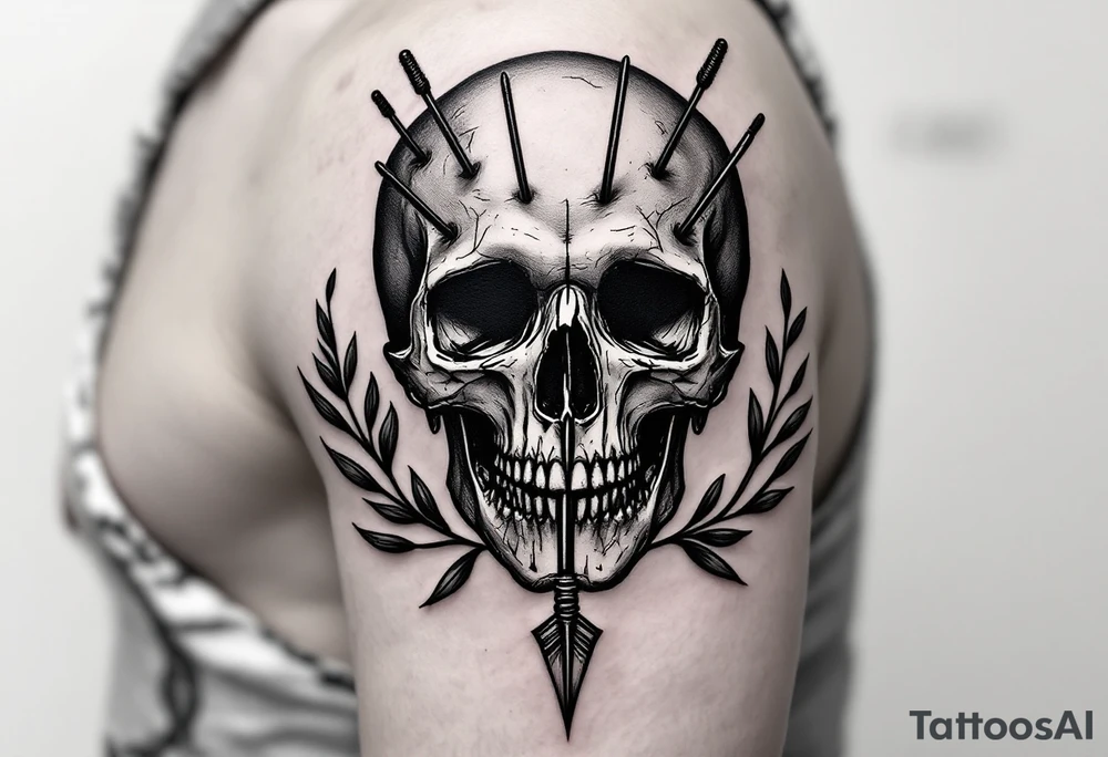 a skull whose head would be pierced by needles that under the face come down a long arrow and surrounded by a olive tree leaf around tattoo idea