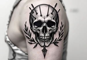 a skull whose head would be pierced by needles that under the face come down a long arrow and surrounded by a olive tree leaf around tattoo idea