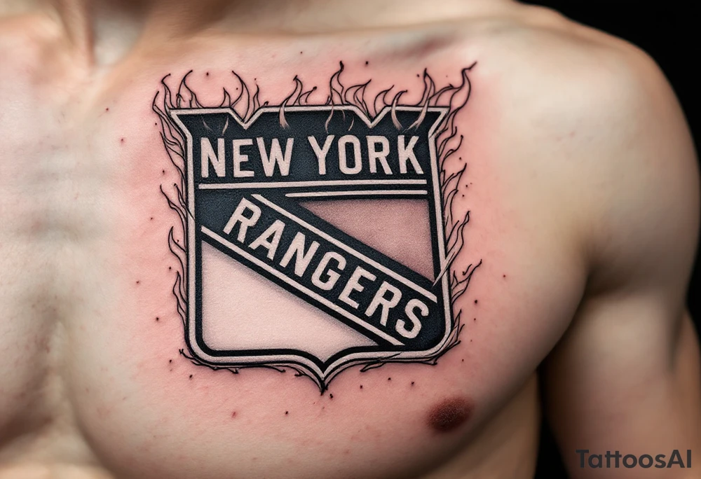 Chest tattoo: A burning New York Rangers logo tattoo idea