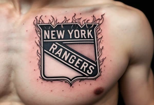 Chest tattoo: A burning New York Rangers logo tattoo idea