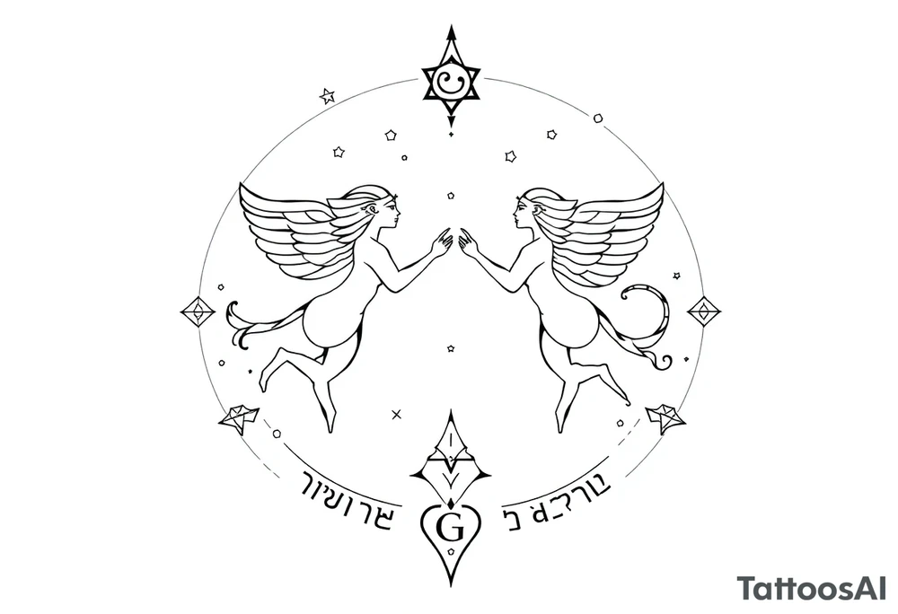 Gemini stars constellation in the sky with sacred geometry and cosmic elements in Egyptian language tattoo idea