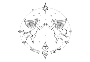 Gemini stars constellation in the sky with sacred geometry and cosmic elements in Egyptian language tattoo idea
