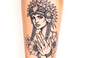 powerful beautiful women warrior with jaguar headdress surrounded by flowers and with a guiding hand tattoo idea