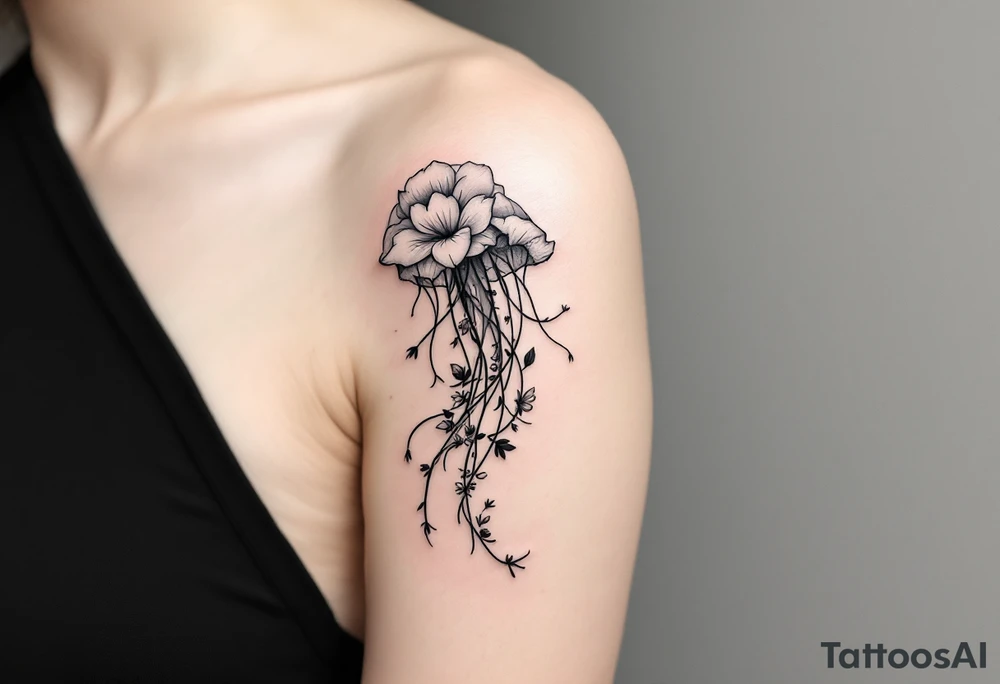 fine-line tattoo, single jellyfish, flowers butterflies composition, jellyfish bell blossoms, butterfly wing dome, flowing trailing tentacles, floral vine tentacles, tentacle streamers, overlapping blossom bell, minimalist elegant design, nature-inspired, delicate black grey lines, soft shading, no outlines, outline-free design, floral jellyfish, botanical sea creature, organic flow, upper arm shoulder placement, light airy feel, poetic minimalism, vine-shaped tentacles, petal tentacle flow, blossom bell composition, wing dome structure, delicate linework, soft botanical shading, nature creature fusion, minimalist intricacy, elegant simplicity, flowing organic movement, shoulder arm curve, lightweight design, subtle detail work, refined botanical elements, understated complexity, clean minimalist lines, gentle nature fusion, trailing floral streamers, jellyfish bell florals, butterfly wing bell, flowing tentacle vines tattoo idea