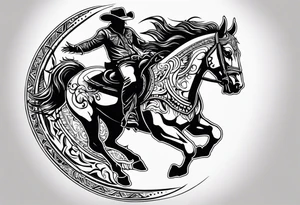 Cover up tribal sun located on right shoulder blade with a cowboy riding a bucking horse pictured inside a bull skull. Add lyrics “the devil can scrap, but the lord has won” tattoo idea