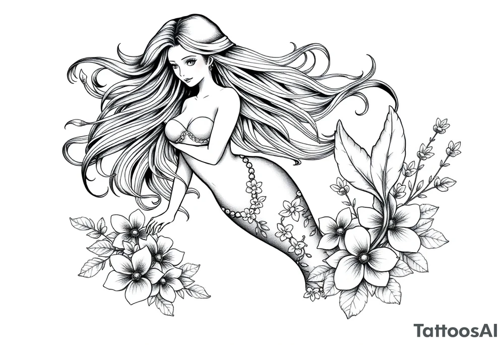ethereal mermaid with flowing hair among coral and sea flowers tattoo idea