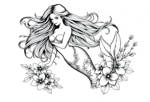 ethereal mermaid with flowing hair among coral and sea flowers tattoo idea