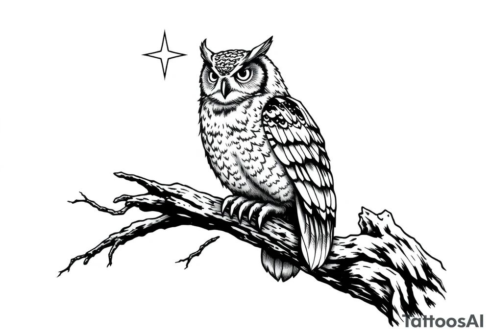 wise owl perched on ancient oak branch under starlit sky tattoo idea