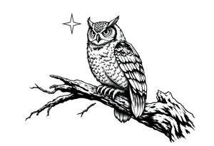 wise owl perched on ancient oak branch under starlit sky tattoo idea
