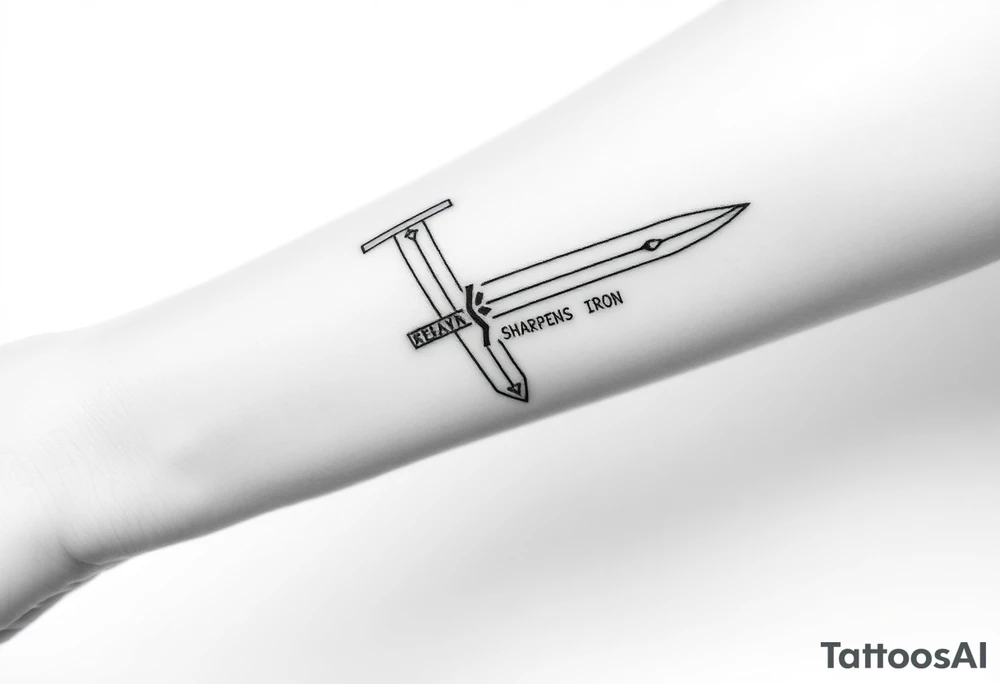 Black and white tattoo sketch of a sword cracked in the middle but reforged with glowing seams. The words “Iron Sharpens Iron” etched into the hilt. Bold lines, no shading, forearm tattoo. tattoo idea