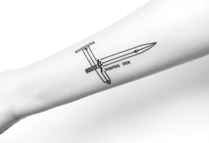 Black and white tattoo sketch of a sword cracked in the middle but reforged with glowing seams. The words “Iron Sharpens Iron” etched into the hilt. Bold lines, no shading, forearm tattoo. tattoo idea