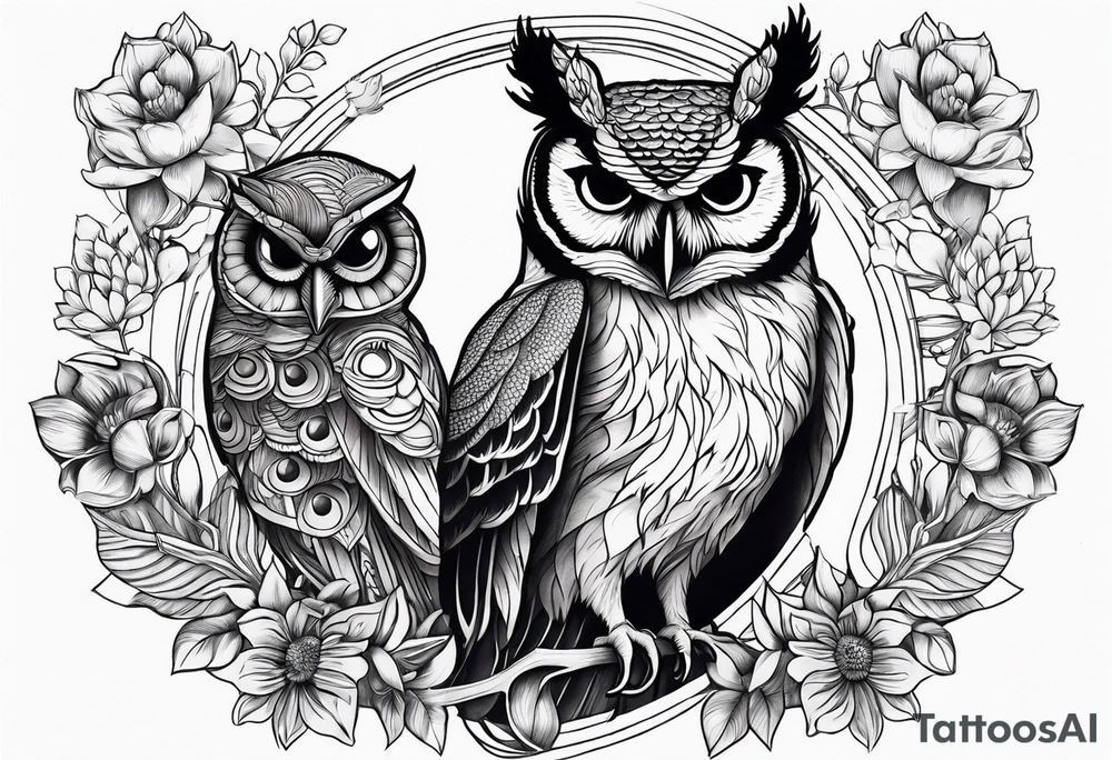 peacock, owl, book, camera , sunflower tattoo idea
