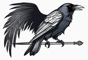a black raven with a sword in its mouth facing left tattoo idea