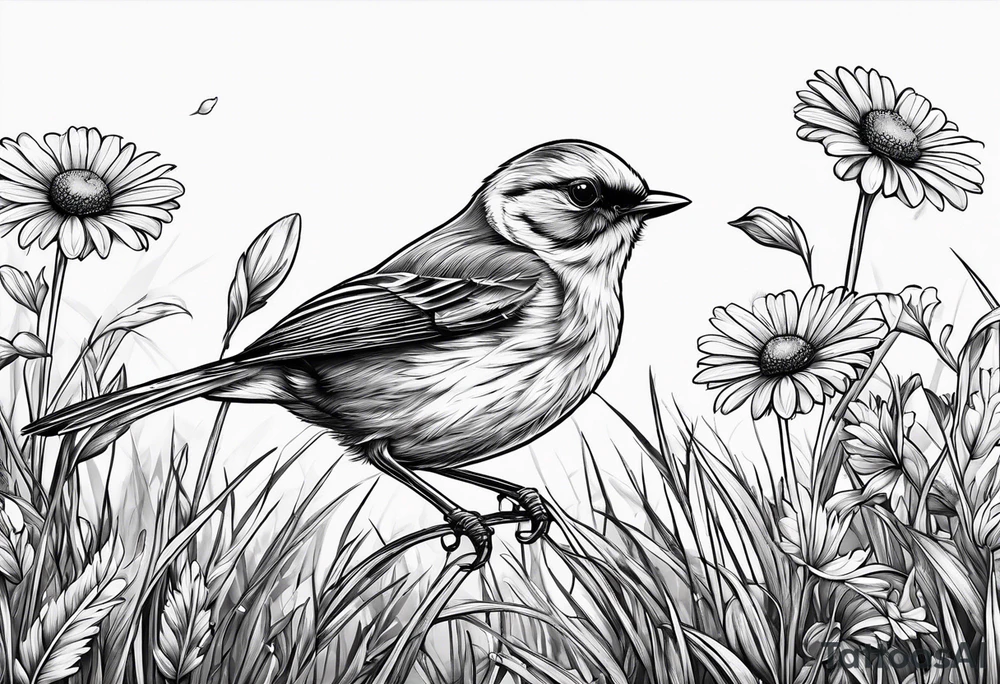 Little bird perched in grass with daisy tattoo idea