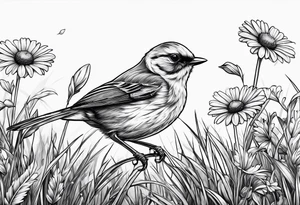 Little bird perched in grass with daisy tattoo idea