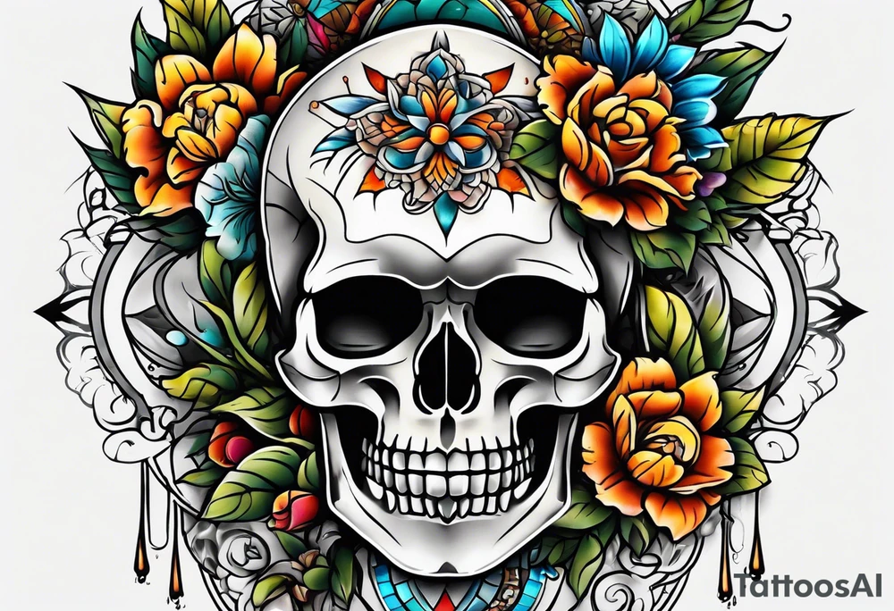 Old school center Knee tattoo with realistic skull, various flowers, water and fall colors tattoo idea