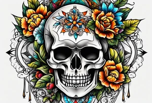 Old school center Knee tattoo with realistic skull, various flowers, water and fall colors tattoo idea