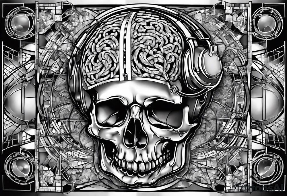 give me panes of glass that each have an image of the dissected brain but in each pane have a variant of music, mathematical, and computational images. tattoo idea