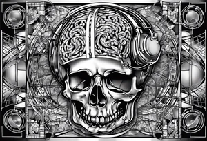 give me panes of glass that each have an image of the dissected brain but in each pane have a variant of music, mathematical, and computational images. tattoo idea