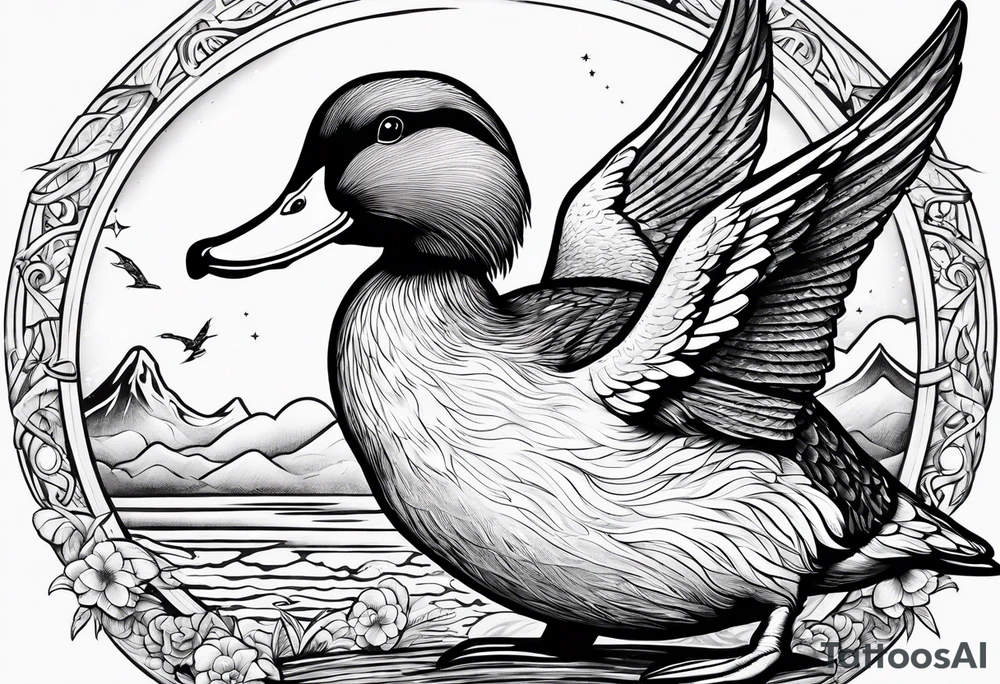 Mallard Duck dressed like a wizard casting a spell with his wand tattoo idea
