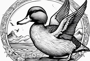 Mallard Duck dressed like a wizard casting a spell with his wand tattoo idea