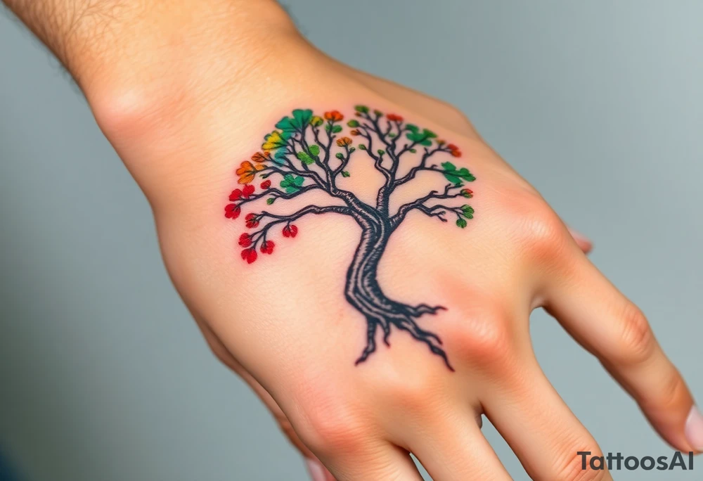 Vibrant tree of life Jamaican and Irish colours tattoo idea