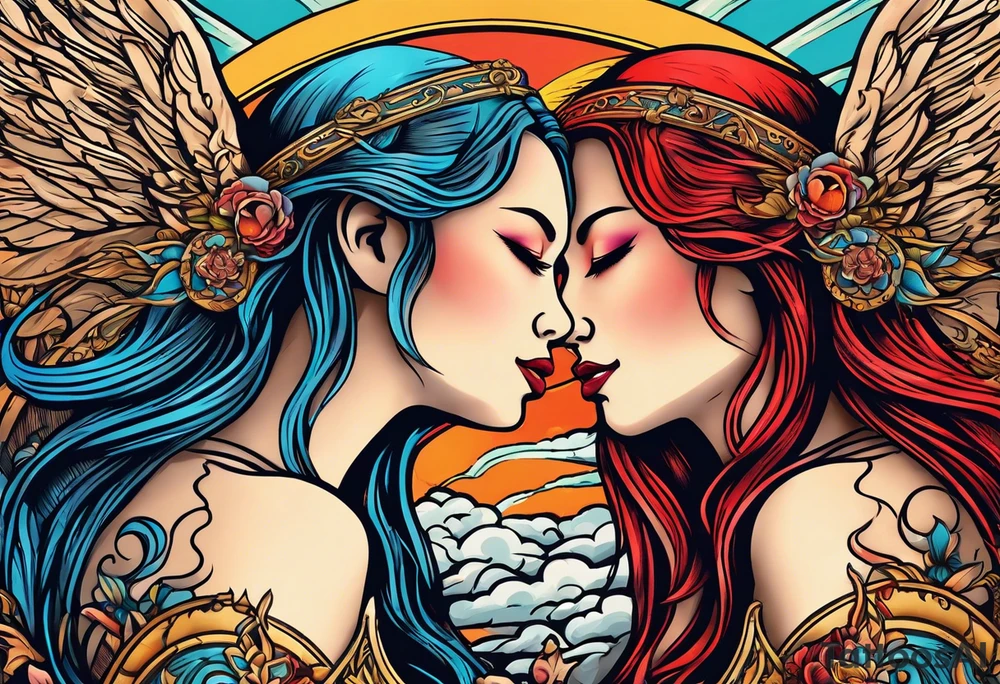 angel girl on right side whispering, devil girl on left side whispering, with rays of sun and clouds. Organ pipes center tattoo idea