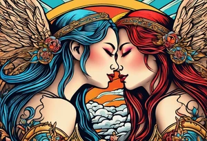 angel girl on right side whispering, devil girl on left side whispering, with rays of sun and clouds. Organ pipes center tattoo idea