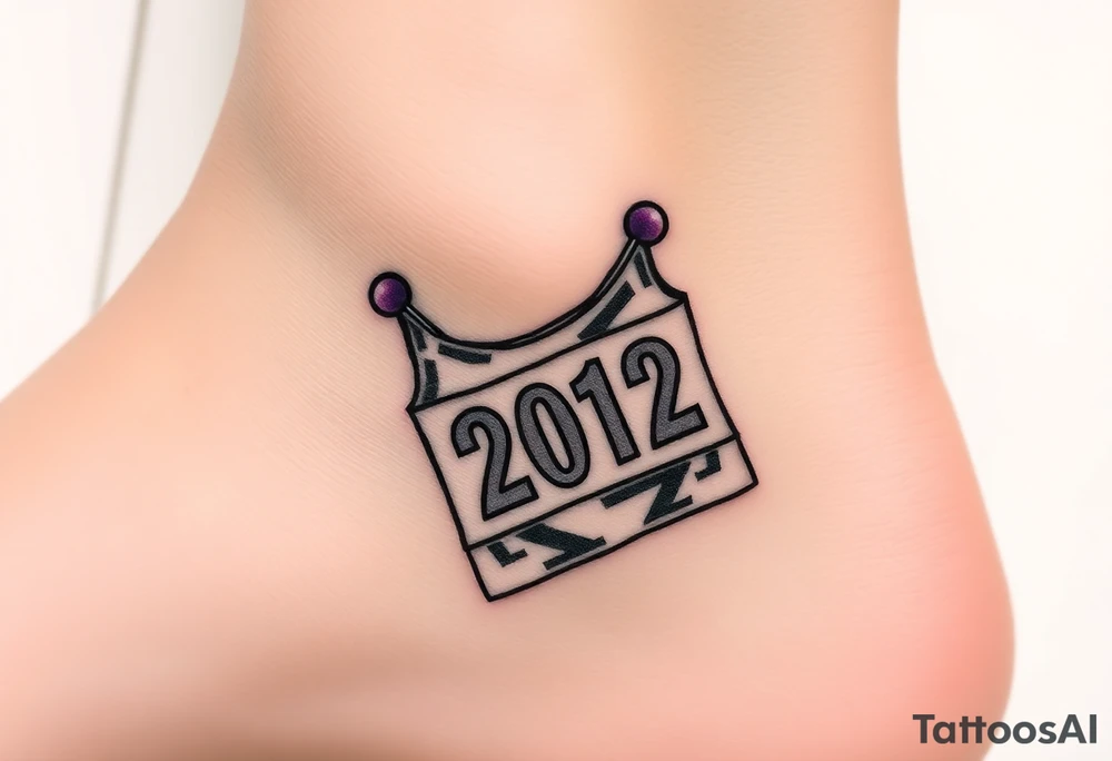 Safety pins through the skin attaching a running bib with 2012 and purple and gold accents tattoo idea
